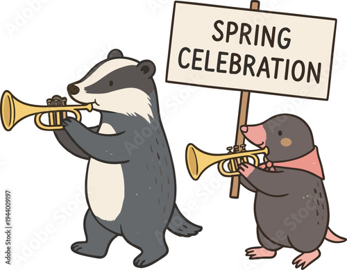 A badger and a mole play trumpets celebrating spring outdoors