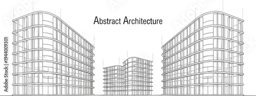 Professional architecture wireframe of balanced parametric office plaza with symmetrical curvilinear glass facades and modern urban layout