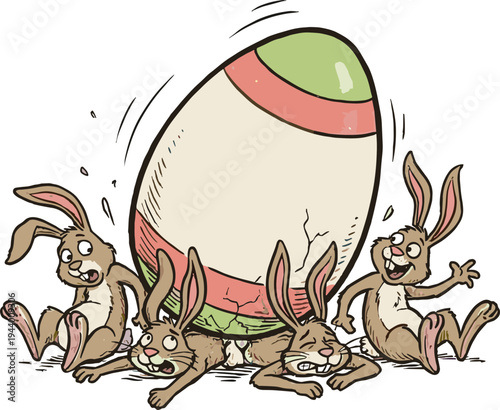 Rabbits collide while chasing giant decorated egg in playful scene