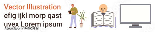 Education, creativity, knowledge sharing, innovation, work from home, digital learning. A businessman, an open book with a lightbulb a computer monitor and a plant. Education and creativity concept
