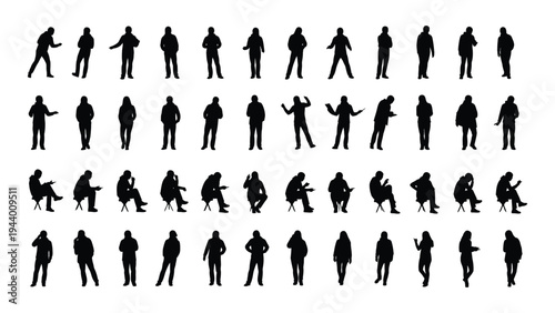Collection of diverse human silhouettes in various poses and actions