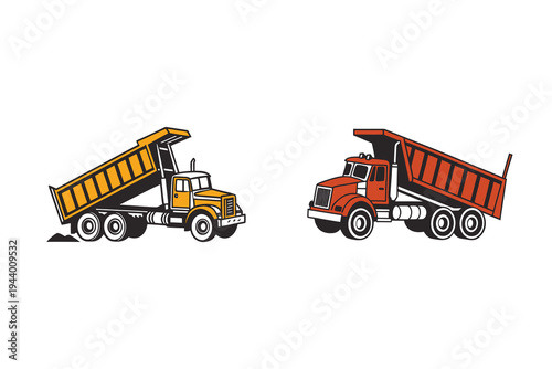 Two colorful dump trucks with their trailers raised for unloading on a white background