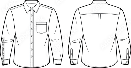 Long sleeve casual shirt technical drawing, button up pocket shirt front and back view, fashion CAD flat vector illustration
