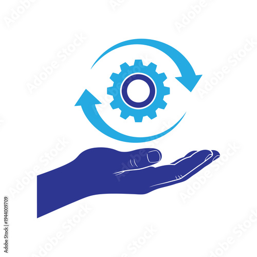 Hand holding gear mechanism with rotating arrows representing service management and business process optimization