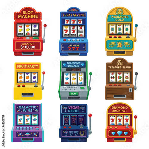 Slot Machine Set Vector Collection | Multiple Casino Slots Flat Illustration