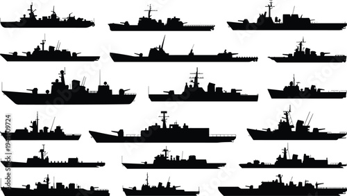 Military warship silhouette collection featuring destroyers frigates cruisers patrol boats and naval combat vessels isolated on white background maritime defense fleet set