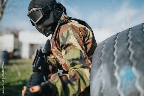Obraz na plátně A masked paintball player crouches behind a tire, ready to shoot