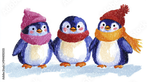 Cute cartoon penguin family wearing colorful hats and scarves, huddling together in snowy setting, radiating warmth and joy