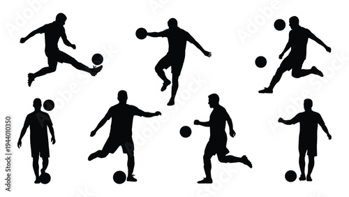 A dynamic illustration of seven soccer players in various poses, showcasing their skills and movements in a visually engaging and artistic representation of the sport.