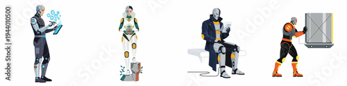 Collection of futuristic cyborg characters and humanoid robots engaged in various activities, illustrating a sci-fi concept of advanced technology and artificial intelligence.