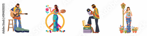 Set of diverse hippie characters engaged in creative and natural activities like playing music, painting, listening to vinyl records, and gardening.