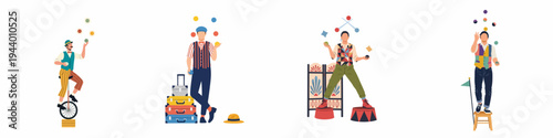 Illustration of circus performers juggling balls and balancing on unicycles, suitcases, and stools in a clean, colorful flat vector style.