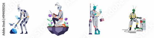 Set of flat vector illustrations depicting extraterrestrial beings engaged in diverse activities like scientific exploration, gardening, navigation, and technical maintenance work.
