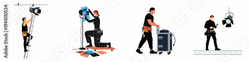 Flat Vector Illustration Set of Professional Film Crew Lighting Technicians and Stagehands Working with Studio Equipment and Gear on Set
