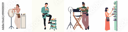Minimalist flat vector illustrations of professional makeup artists with diverse equipment including kits, mirrors, chairs, and ring lights.