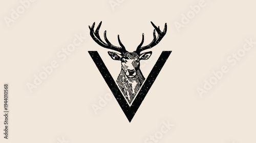 Elegant Deer Stag Head Illustration with Antlers and Bold Letter V Monogram. Vintage Engraving Style Graphic.