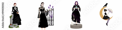 Set of four gothic and mystical female character illustrations featuring Victorian fashion, witchcraft elements, and dark fantasy themes on a white background.