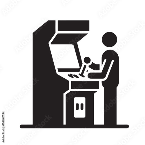 a black and white icon of a man and a child playing a video game on an arcade machine