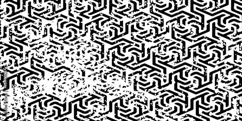 Stylish abstract hexagon labyrinth pattern with grunge overlay creating a bold modern design background.