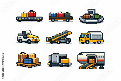 Pixel art airport ground vehicles and luggage icons collection