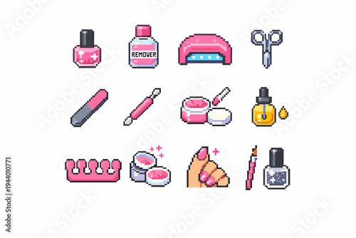 Pixel art nail care set with polish, tools, and accessories in pink and silver