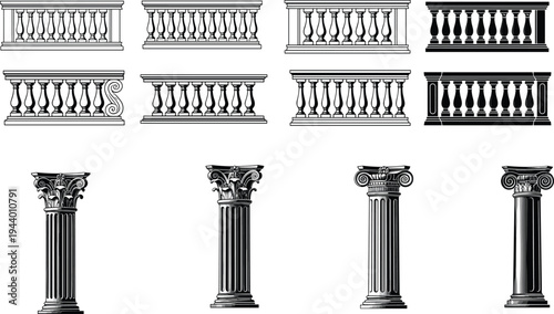 Set of classical architecture elements including balustrades and decorative columns, detailed vintage vector collection isolated on white background for design projects