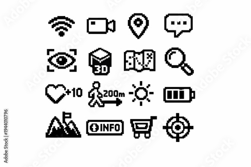 Set of pixel icons: technology, navigation, and communication symbols
