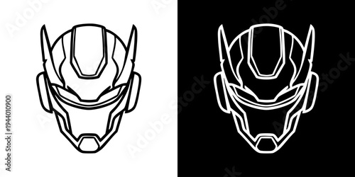 Robotic helmet illustrations on white and black backgrounds are shown