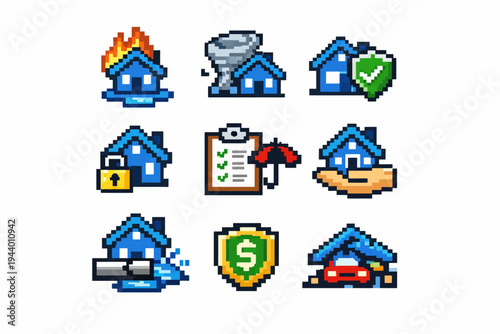 Pixel art insurance icons: fire, tornado, security, shield, lock, checklist, umbrella, pipe, repairs