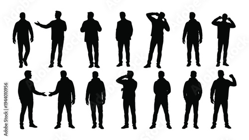 Collection of various black silhouette poses of men in different gestures and stances on white background for graphic design and illustration