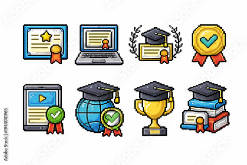 Pixel art education icons: graduation cap, diploma, laptop, trophy, globe, books