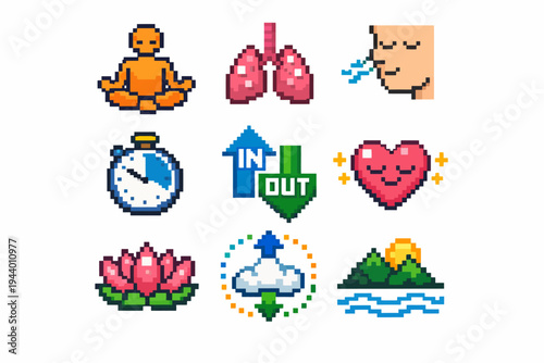 Pixel art meditation and breathing icons for wellness and mindfulness