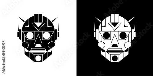 Two robotic faces are shown side by side on white and black backgrounds.