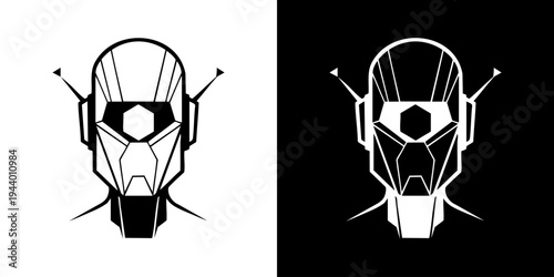A futuristic robotic head with visor and antennae is illustrated in black and white.