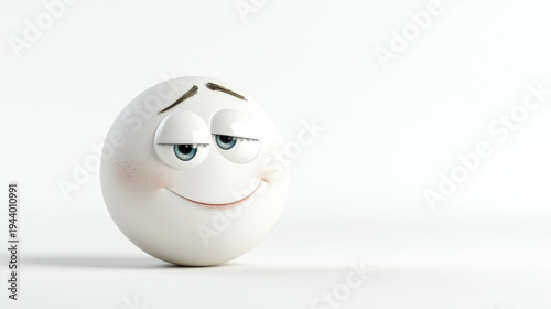 Cartoon face with bashful expression, featuring round shape, large eyes, and subtle smile, evokes playful mood
