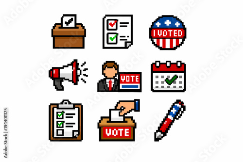 Pixel art voting icons set: ballot box, checklists, megaphone, calendar, badge, pen