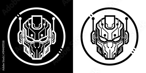 Robotic helmet illustrations displayed on black and white backgrounds