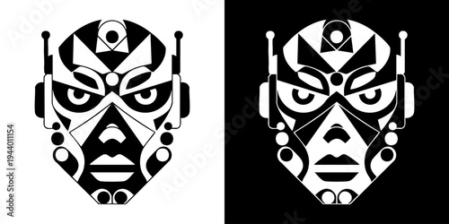 Two robotic face illustrations side by side on white and black backgrounds
