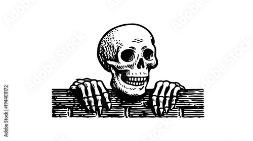 Vintage engraving style illustration of a human skull with skeletal hands gripping a brick wall, isolated on white background