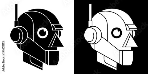 Two robotic heads wearing headphones against contrasting white and black backgrounds