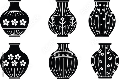 Set of decorative ceramic vase silhouettes with floral patterns and ornamental designs isolated on white background for home decor illustration projects