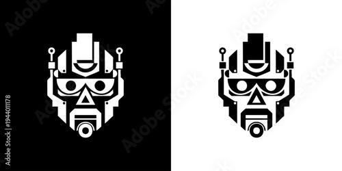 Robotic faces illustrated side by side in black and white