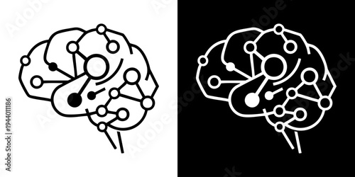 An illustration depicts human brain with neurons on white and black backgrounds.
