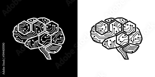 A detailed illustration of two human brains with a honeycomb pattern on a black and white background
