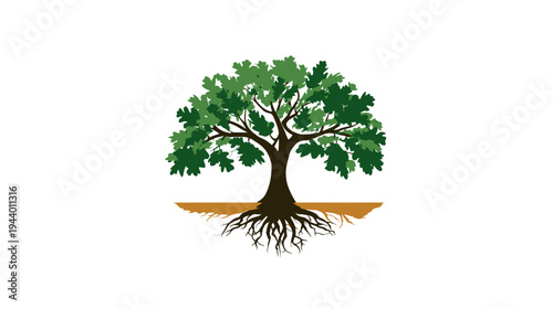 Stylized vibrant green tree with strong visible roots and earthy ground on a white background, symbolizing nature, growth, and stability.