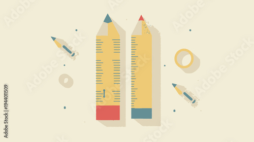 Flat design illustration of two large stylized pencils with content lists, surrounded by floating stationery supplies. Education, planning, and creative concepts.