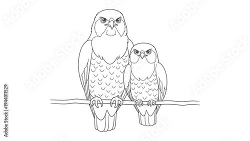 Bird's Eye View: Two avian figures perch on a slender branch, their stern gazes fixed, evoking a sense of watchfulness and avian bond.
