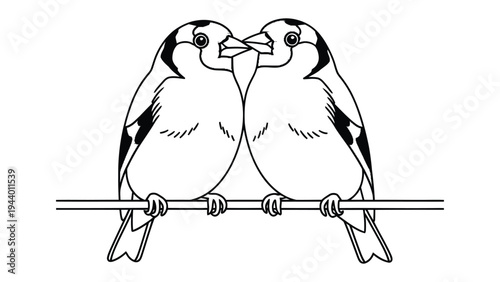 Lovebirds on a Branch: Two delicate birds perch together on a slender branch, their beaks gently touching in a moment of tender intimacy. A monochrome rendering evokes feelings of peace and affection.