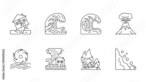 A set of eight line icons depicting various natural disasters on a white background.