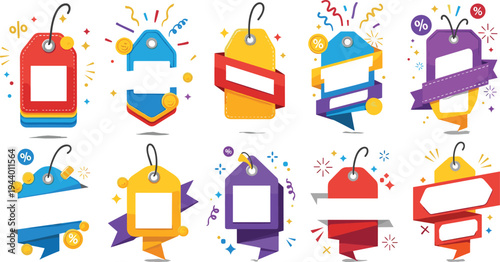 Colorful sale price tags and discount labels collection with ribbons banners coins and percent symbols for retail marketing promotion vector set